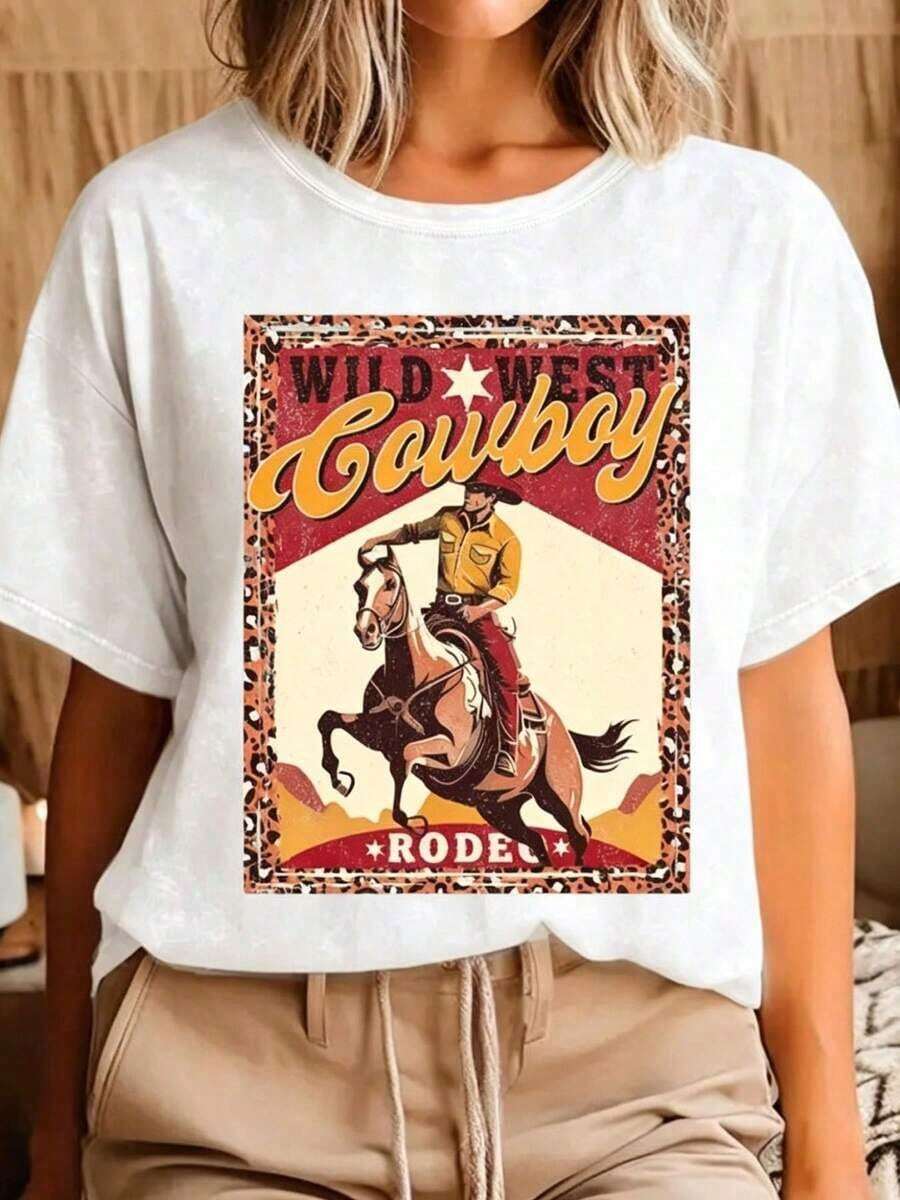 ropa de mujer, Estampado Occidental, Diseño de Borde de Leopardo "Wild West Cowboy Rodeo", Estilo Vintage, Camiseta Casual de Manga Corta 100% Algodón para Mujer con Curvas, Camisetas Gráficas para Mujer, Tops, Conjuntos de Verano, camisas de mujer - Blanco - Ver 1