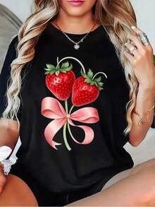 Women's Strawberry Print T-Shirt With Pink Bow - Soft Casual Short Sleeve Crew Neck Top, Fruit Design, Black/Grey/White/Dark Red - Unisex Vintage Urban Style Loose Fit Cotton Short Sleeve Crew Neck T-Shirt - 黑色 - 查看 5