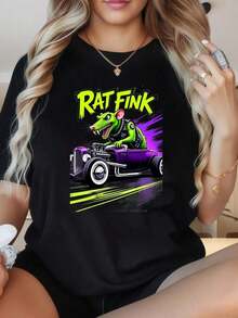 ropa de mujer Camiseta de manga corta con cuello redondo para mujer, camiseta con estampado gráfico de Rat Fink conduciendo un hot rod morado, para mujer, ropa casual de calle con diseño neón. Los estampados divertidos son adecuados para fiestas de Navidad, actividades deportivas, fiestas de vacaciones, salidas, deportes y otros regalos navideños. camisas de mujer - Negro - Ver 1
