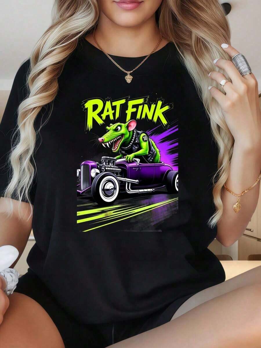 ropa de mujer Camiseta de manga corta con cuello redondo para mujer, camiseta con estampado gráfico de Rat Fink conduciendo un hot rod morado, para mujer, ropa casual de calle con diseño neón. Los estampados divertidos son adecuados para fiestas de Navidad, actividades deportivas, fiestas de vacaciones, salidas, deportes y otros regalos navideños. camisas de mujer - Negro - Ver 1