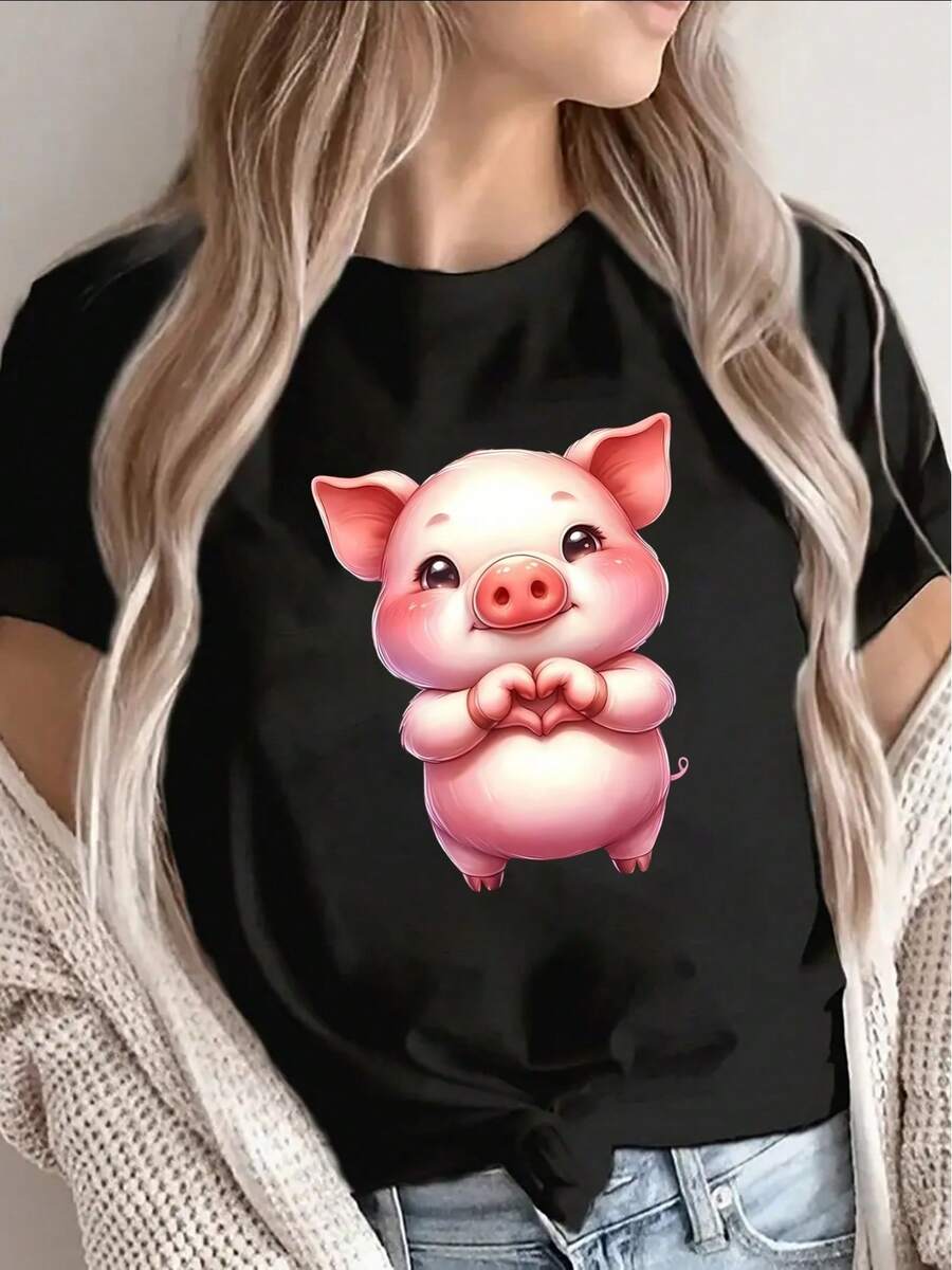 Short-Sleeved T-Shirt With A Super Cute Pig Design, Ideal For Casual Outings. It's Lightweight And Durable, Perfect For Home, Dining, Or Outdoor Activities, Offering A Soft And Comfortable Wearing Experience. - 黑色 - 查看 1