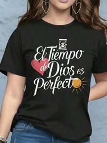 short sleevesPlayera camiseta blusa gráfica dama mujer estampada casual estampado love amor parejas corazon febrero corte regular material suave cuello redondo manga corta diario día noche calle casa cómoda fresca ligera moderna juvenil urbana aesthetic primavera verano playa calor y2k femenina frase religiosa tiempo de dios es perfecto letras cristiana corazónLeisure - Negro - Ver 7