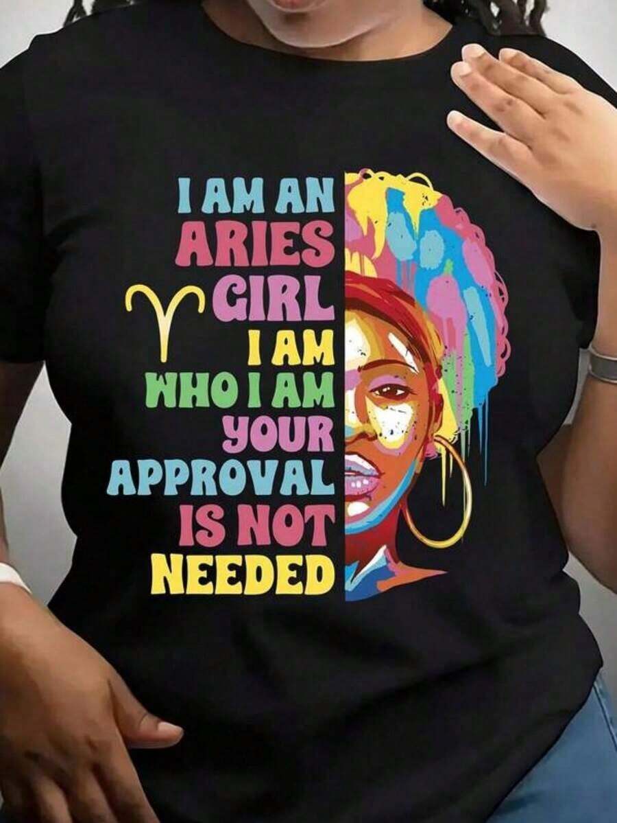 Soy una chica Aries, soy quien soy, no necesito tu aprobación. Camiseta con diseño de signo zodiacal para mujer, inspirada en la astrología, con un mensaje audaz y confiado. Diseño artístico ponible, perfecto para el uso diario. - Negro - Ver 1
