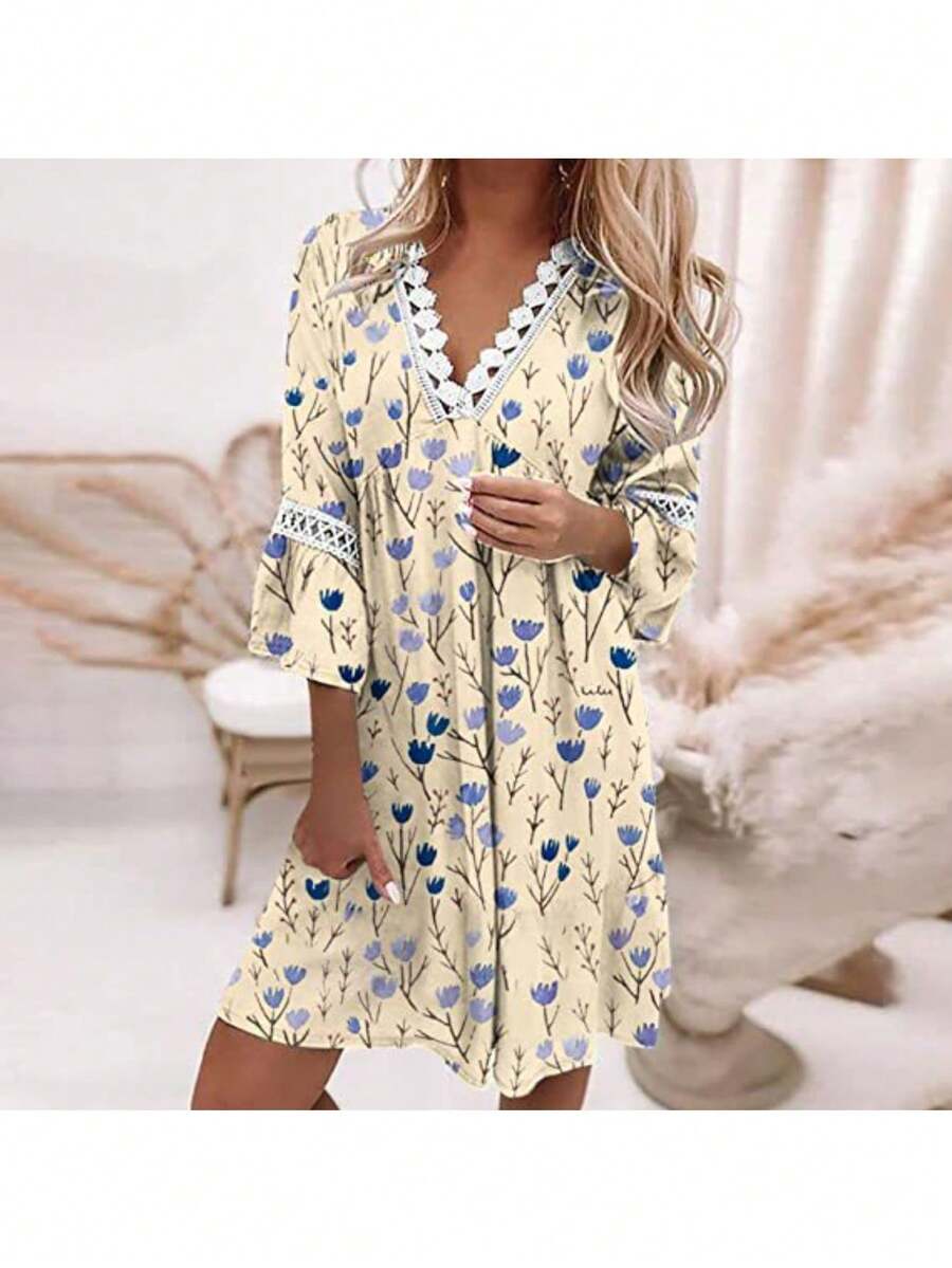 Vestido de mujer colorido con estampado boho, escote en V con volantes, mangas largas elásticas, corte holgado cómodo ideal para primavera y verano, estilo hippie casual perfecto para fiestas, vacaciones en la playa y eventos al aire libre - Champán - Ver 1
