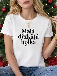 Camiseta, CzechMaláDr?KátaHolká con Estampado de Letras Minimalistas, Camiseta de Manga Corta con Cuello Redondo Blanca para Mujer, Lavable a Máquina, Adecuada para Fiestas, Compras Casuales, Reuniones de Amigos, Ropa de Vacaciones, Camiseta Casual de Manga Corta para Mujer, Talla Estándar, Camiseta Básica - Blanco - Ver 7