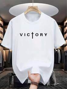 Camiseta blanca de corte holgado para hombre con estampado del símbolo de la cruz VICTORY en negro, transpirable, de manga corta y cuello redondo, adecuada para eventos, uniformes de equipo, uso diario y todas las estaciones. Ajuste cómodo, ideal para ocasiones en la iglesia y eventos. Disponible en tallas grandes. - Blanco - Ver 8