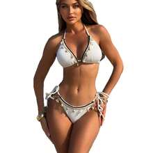 Bikini Sexy para Mujer de Dos Piezas, Diseño de Encaje y Concha, Tela Especial y Color Sólido - blanquecino - Ver 6