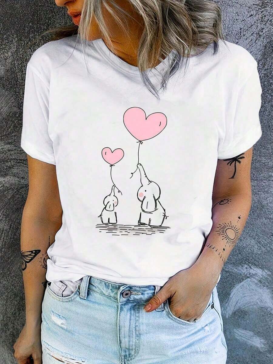 Camisetas de manga corta de talla grande, suaves y transpirables para mujer - Tops casuales de corte holgado para uso diario, camiseta de manga corta con cuello redondo, estampada con motivos de corazones y elefantes, diseñada para mujeres, transpirable y cómoda. - Blanco - Ver 1