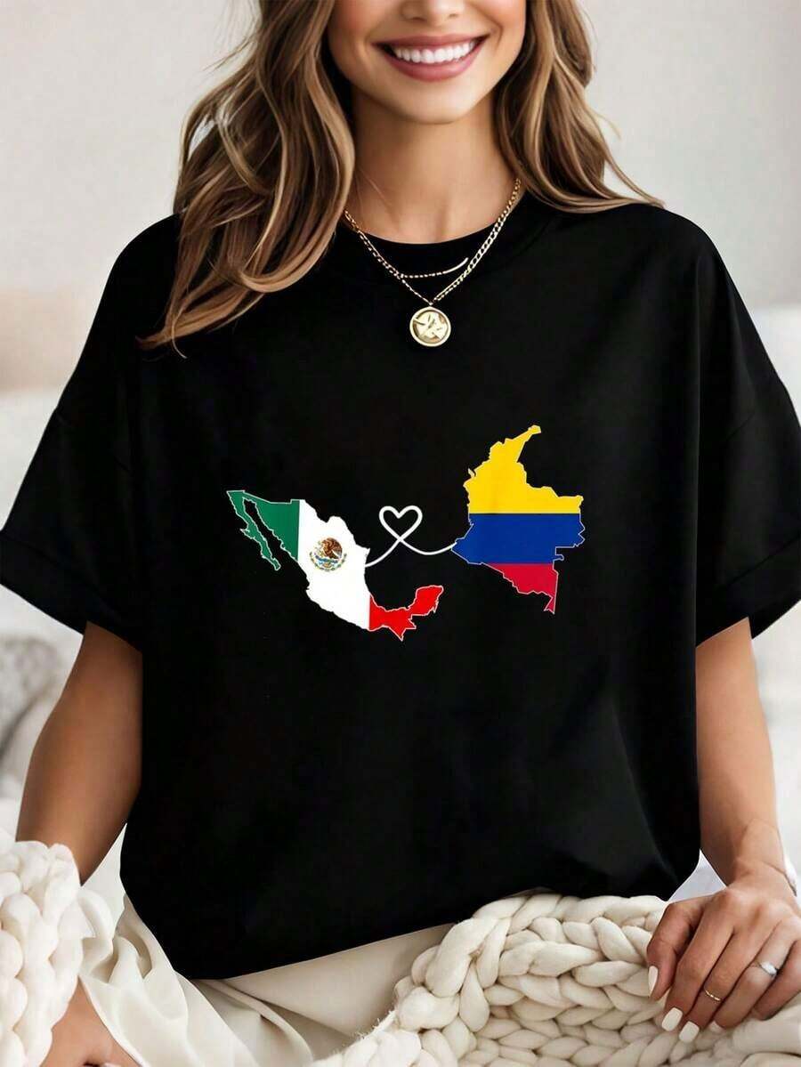 Camiseta de moda con diseño de mapa de la bandera mitad- mitad-México, camiseta con patrón de ADN México-, top para mujer, camiseta - estilo callejero vintage unisex, corte holgado, de algod - Negro - Ver 1