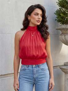 Womens Summer Halter Tank Tops Fashionable Solid Color/Dot Print Backless Going Out Vest - Rojo - Ver 1