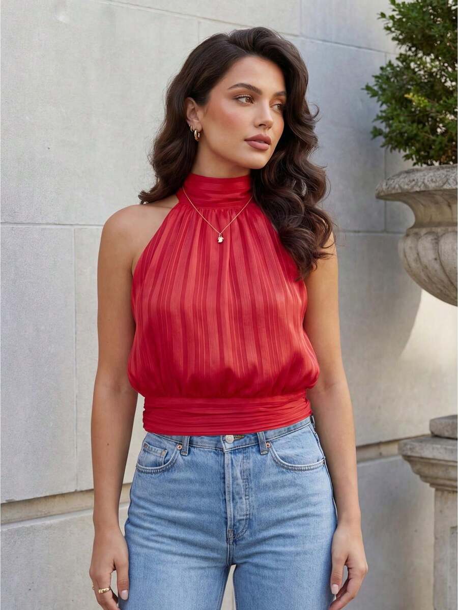 Womens Summer Halter Tank Tops Fashionable Solid Color/Dot Print Backless Going Out Vest - Rojo - Ver 1