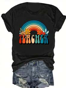 Camiseta de talla grande, manga corta, con estampado de ARCOÍRIS TEACHER, cuello redondo. - Negro - Ver 5