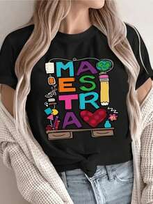 Women's Casual Cotton Drop Shoulder Round Neck Short Sleeve T-Shirt, Regular Length Fashion Top - Negro - Ver 1