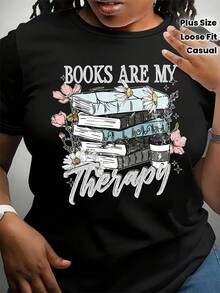Camiseta de algodón puro con el estampado "Los Libros Son Mi Terapia". Ropa suave para mujer, estilo europeo y americano, de corte holgado, manga corta, casual y ligera, adecuada para primavera, verano y otoño. Prenda de moda para mujer, cuello redondo, talla grande. - Negro - Ver 1
