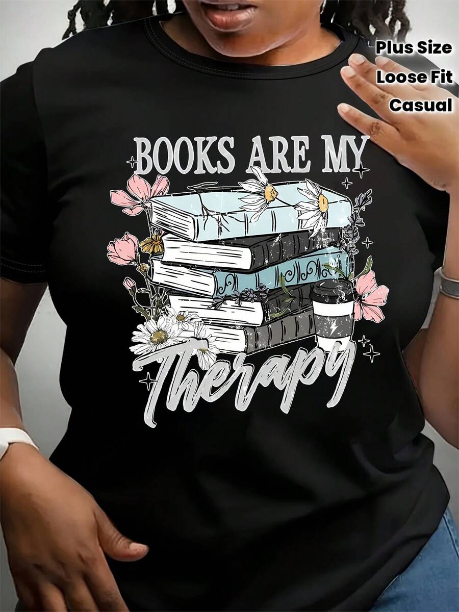 Camiseta de algodón puro con el estampado "Los Libros Son Mi Terapia". Ropa suave para mujer, estilo europeo y americano, de corte holgado, manga corta, casual y ligera, adecuada para primavera, verano y otoño. Prenda de moda para mujer, cuello redondo, talla grande. - Negro - Ver 1