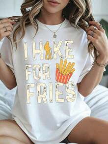 Stylish And Casual, Women's Short-Sleeved T-Shirt, Women's Hiking T-Shirt With Fun Graphic Print "I Hike For Fries", Casual Black Outfit For Outdoor Adventures In Summer And Autumn. - 白色 - 查看 8