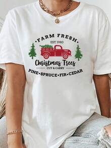 Camiseta suave 100% algodón, camiseta con estampado de árbol de Navidad estilo camionero, camiseta navideña para mujer, camiseta estampada para damas 100% cómoda e informal, regalo de Navidad, camiseta familiar estilo camionero navideño, camiseta de algodón transpirable, combina con todo. - Blanco - Ver 1