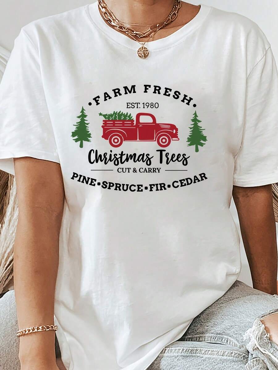 Camiseta suave 100% algodón, camiseta con estampado de árbol de Navidad estilo camionero, camiseta navideña para mujer, camiseta estampada para damas 100% cómoda e informal, regalo de Navidad, camiseta familiar estilo camionero navideño, camiseta de algodón transpirable, combina con todo. - Blanco - Ver 1