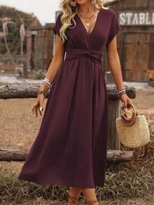 Vestido midi de manga abullonada con escote cruzado, cintura fruncida y espalda retorcida en estilo bohemio occidental casual para primavera/verano de mujer - Burdeos - Ver 7