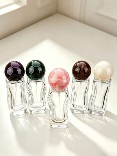 TSA Approved 1/5PCS 30ml(1oz) Wavy Asymmetric Clear Glass Perfume Atomizer Bottles With Marble Pattern Round Ball Cap (5 Colors), Ultra Fine Mist & Free 3-In-1 Filling Tools, Leakproof Refillable Empty Travel Size Cosmetic Toiletries Containers, Portable Aesthetic Vanity Decor, Travel Essentials, Ideal Gift For Women Men