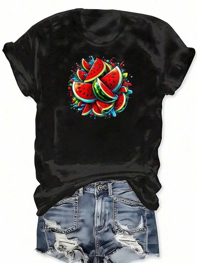 Casual T-Shirt With Tropical Fruit Graphic Print And Colorful Watermelon Ink For Fruit Lovers, Casual Short Sleeve T-Shirt For Spring And Summer, Plus Size Clothing For Women, 100% Cotton, Durable - màu đen - Xem 1