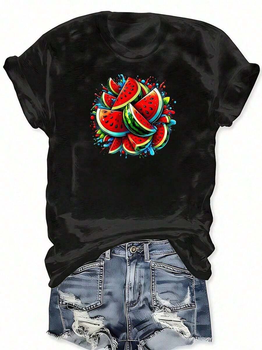 Camiseta Casual con Estampado Gráfico de Fruta Tropical y Tinta de Sandía Colorida para Amantes de la Fruta, Camiseta de Manga Corta Casual para Primavera y Verano, Ropa de Tallas Grandes para Mujer, 100% Algodón, Duradera - Negro - Ver 1