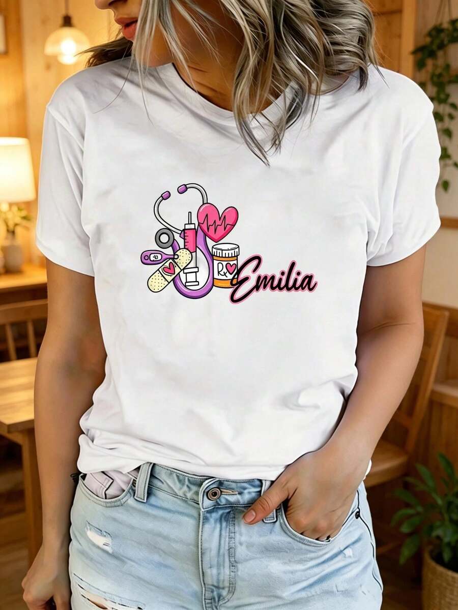 Camiseta de verano para mujer de manga corta con estampado, moderna y casual, lavable a máquina, ajuste cómodo con estampado plano 2D. - Blanco - Ver 1
