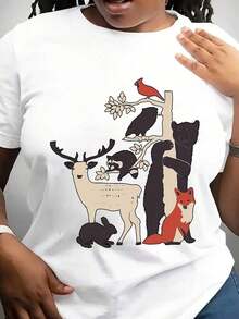 Camiseta Casual de Manga Corta para Mujer con Estampado Gráfico de Animales (Ciervo, Zorro, Mapache y Pájaro), Cuello Redondo, Adecuada para Primavera, Verano y Otoño, Lavable a Máquina, Corte Holgado - Blanco - Ver 6