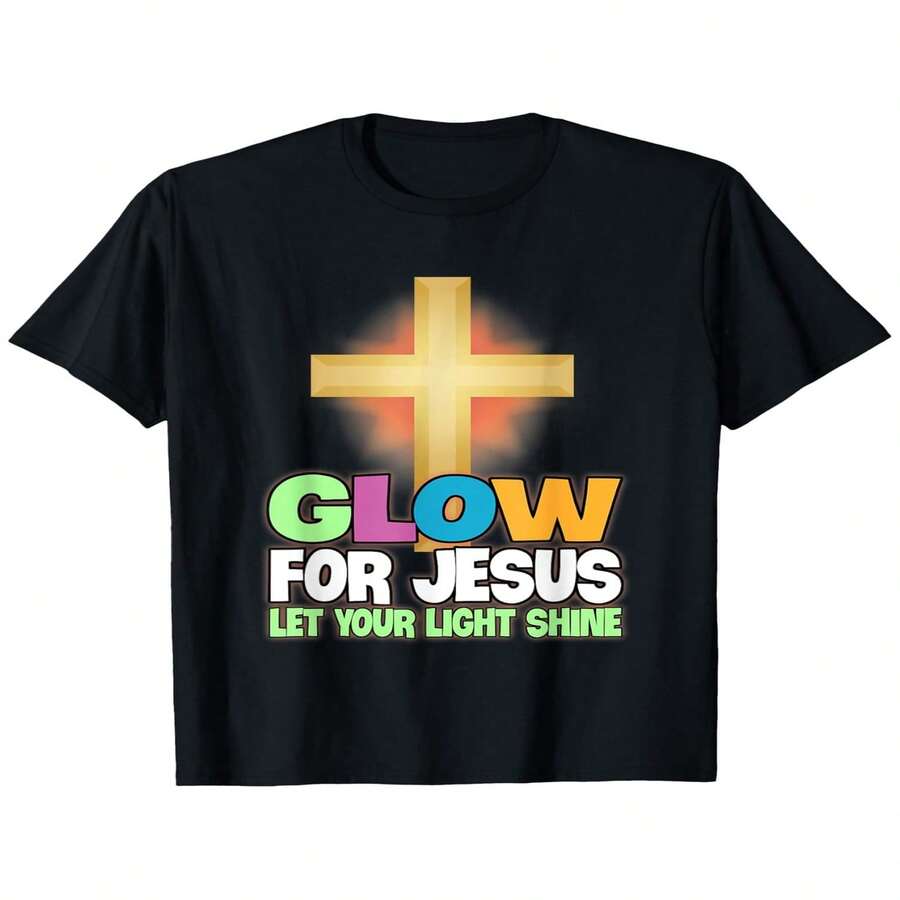 Camiseta exclusiva para el Día de la Independencia y el Día del Padre con un dise?o luminoso de Jesús: prenda cristiana unisex con letras luminosas de neón y un dise?o de cruz. Tallas S-XXXL. Ideal para ir a la iglesia de forma informal. Lavable a máquina. Apta para todas las estaciones. Brilla en la oscuridad. Perfecta para actividades nocturnas y para uso diario. - Negro - Ver 1