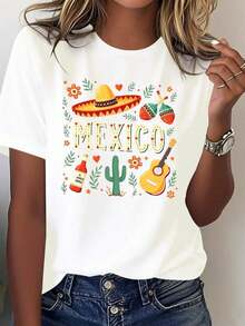 Camisetas Ligeras con Estampados Gráficos para Mujer - Temática Mexicana, Camiseta de Algodón - Rojo brillante, con estampados de sombrero de ala ancha, cactus y maracas, con la inscripción "MEXICO" en negrita y un diseño de banda de Mariachis - Un estilo casual y cómodo adecuado para todas las estaciones, ideal para fiestas temáticas y uso diario. 100% algodón, una opción popular. - Blanco - Ver 7