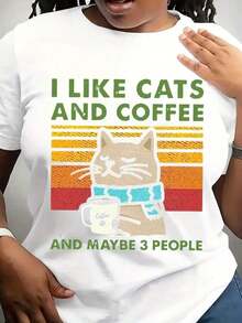 Camiseta Casual Ligera para Mujer con Estampado Gráfico de Gatos y Café, Manga Corta, Cuello Redondo, Camiseta para Todas las Temporadas con Diseño de Gato y Café, Prenda Casual con Estampado Divertido, Tejido de Punto, Regalo para Amantes de los Gatos - Blanco - Ver 6
