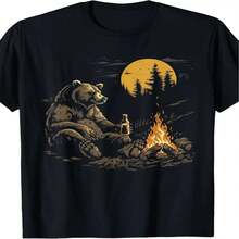 Camiseta de mujer de algodón puro estampada con dise?o de oso, ideal para ocasiones como fiestas y fogatas. Camiseta informal negra de manga corta, imprescindible para acampar al aire libre, con un divertido dise?o de oso. - Negro - Ver 2