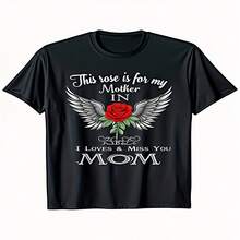 Una elegante camiseta conmemorativa del Día de la Independencia/Día del Padre, dise? especialmente para mi madre. Tiene cuello redondo y mangas cortas, alas de ángel y estampado de rosas rojas, es apta para todas las estaciones, cómoda, resistente y lavable a máquina. - Negro - Ver 1