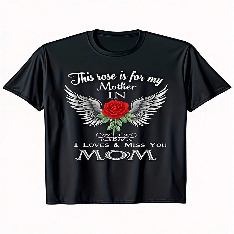 Una elegante camiseta conmemorativa del Día de la Independencia/Día del Padre, dise? especialmente para mi madre. Tiene cuello redondo y mangas cortas, alas de ángel y estampado de rosas rojas, es apta para todas las estaciones, cómoda, resistente y lavable a máquina. - Negro - Ver 1