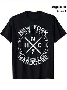 New York NYHC Hardcore Music Graphic T-Shirt - Black Band Tee With Bold White Lettering And Crossbar Design, Regular Fit, Short Sleeve, Crew Neck, Casual Wear - 黑色 - 查看 1