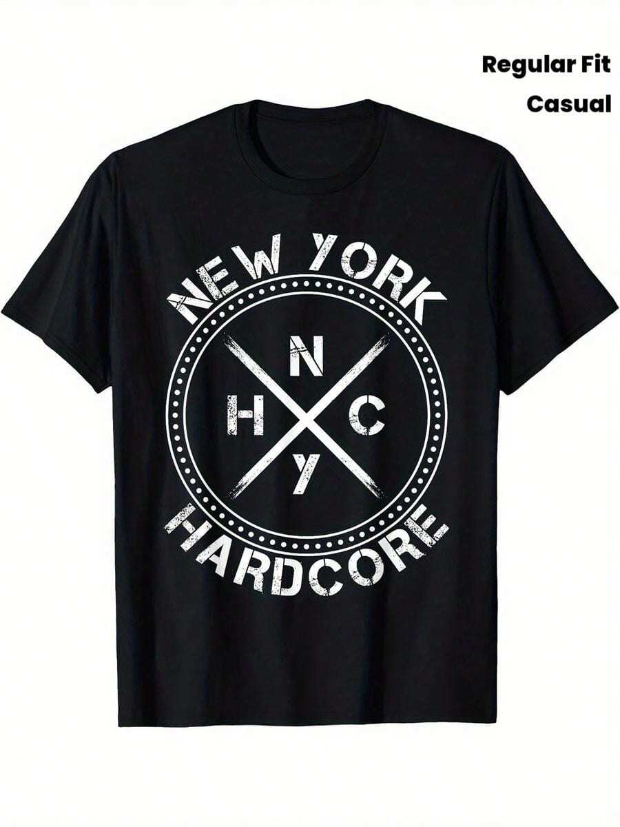 New York NYHC Hardcore Music Graphic T-Shirt - Black Band Tee With Bold White Lettering And Crossbar Design, Regular Fit, Short Sleeve, Crew Neck, Casual Wear - 黑色 - 查看 1