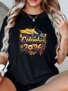 Bandera de Colombia junto a montañas águila flor y trofeo que simbolizan pasión orgullo y energía para un futuro torneo deportivo mundial camiseta de mujer casual moderna - Negro - Ver 1