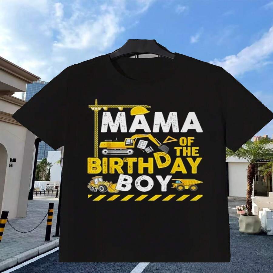 Decoración exclusiva para el Día de la Independencia/Día del Padre. Camiseta de cumplea?os para ni?o con temática de obra de construcción y mamá. Negra con estampado y texto de vehículos de construcción en amarillo y blanco. Ideal para fiestas de cumplea?os. Ropa informal para todas las estaciones, playa, deportes y actividades al aire libre. - Negro - Ver 1