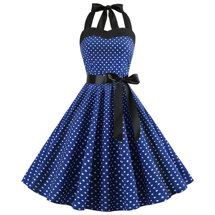 Vestido sexy retro blanco de lunares Hepburn Vintage Halter vestido de fiesta 50s 60s Pin Up Rockabilly Robe - A001 - Ver 1