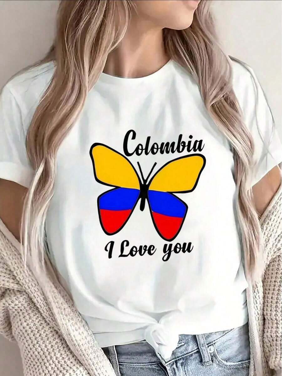 100% Cotton Lightweight T-Shirt With A Butterfly Design And The Colombian Flag, Printed With 'Colombia I Love You'. Ideal For Casual Outings, Outdoor Adventures, Or Lounging At Home, It Offers A Comfortable Fit For Everyday Wear. - 白色 - 查看 1