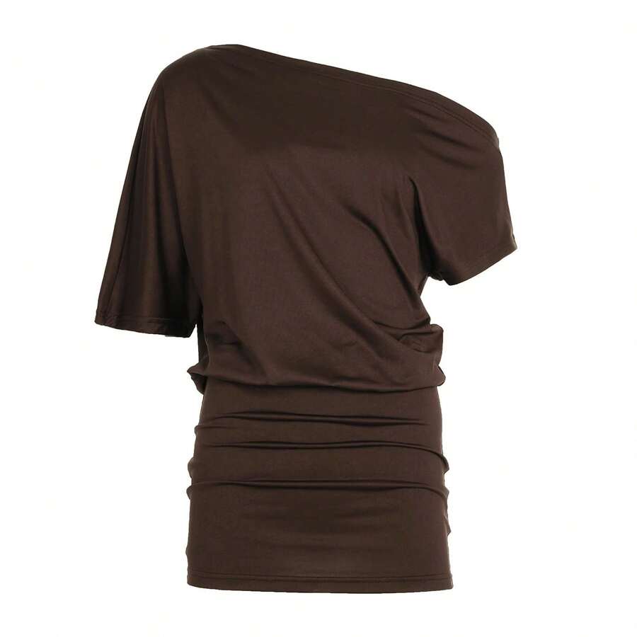 SUCHCUTE-vestido envolvente con manga de murciélago para mujer, vestido ajustado liso con un hombro y espalda descubierta, vestido de fiesta de noche para discoteca Y2K, trajes sexys de verano - Marrón oscuro - Ver 1