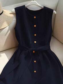 Vestido estilo francés de media pierna sin mangas de alta gama color naranja para mujer - Azul marino - Ver 4