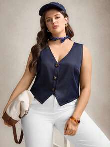 Blusa casual de mujer talla grande de cuello en V de una sola hilera con rayas y sin mangas - Azul marino - Ver 8