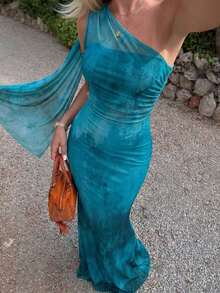 Vestido ajustado asimétrico de cuello elegante, romántico y sexy, adecuado para fiesta, vacaciones en la playa, vuelta al colegio, citas románticas, temporada de bodas, cumpleaños, Pascua, primavera/verano - Azul - Ver 3