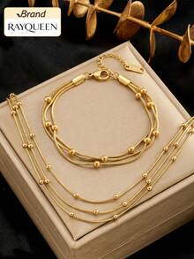 RAYQUEEN 1 Set Stainless Steel 3-Layer Ball Chain Necklace & Bracelet, Versatile Minimalist Gold Color Jewelry For Daily Wear, Gift - Yellow Gold - View 8