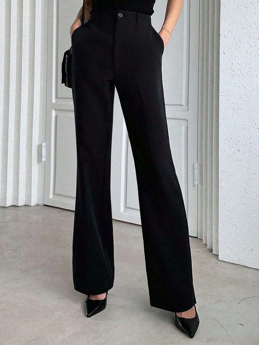 Pantalones acampanados de cintura alta de unicolor, ajuste delgado y casual para mujer - Negro 2 - Ver 1