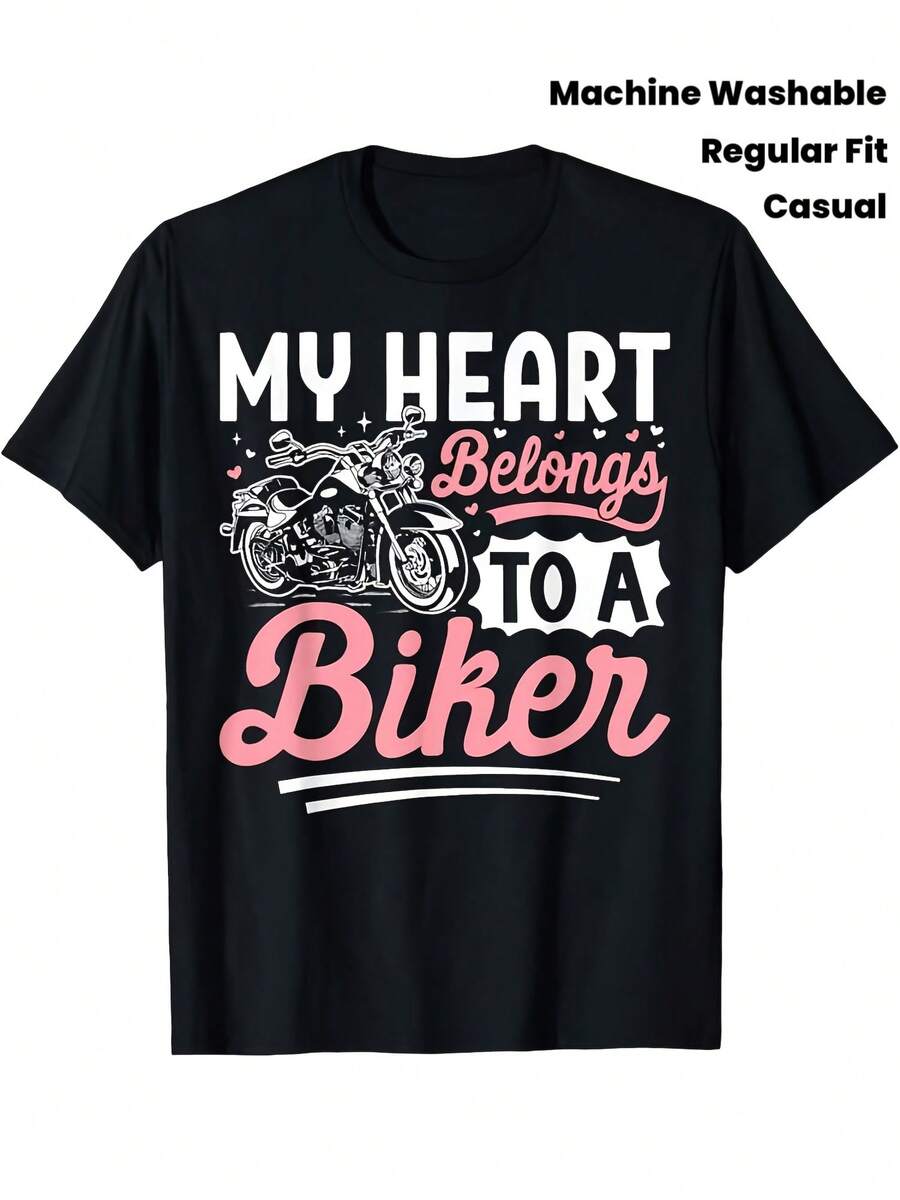 Camiseta para mujer de temática motociclista con estampado creativo. Tejido suave, lavable a máquina. Es la opción ideal para amantes de la moto y como regalo de San Valentín