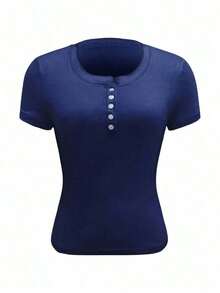 Camiseta casual corta de mujer de manga corta con botones en la parte delantera, color azul marino sólido - Azul marino - Ver 3
