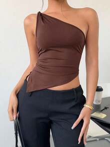 Top elegante de un hombro con un giro en color rojo burdeos delgado para mujer - Color caoba - Ver 6