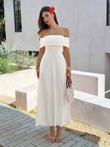 Vestido de mujer de unicolor con hombros descubiertos, nuevo vestido largo elegante y ajustado sin espalda para fiestas, uso diario y citas - Blanco - Ver 8